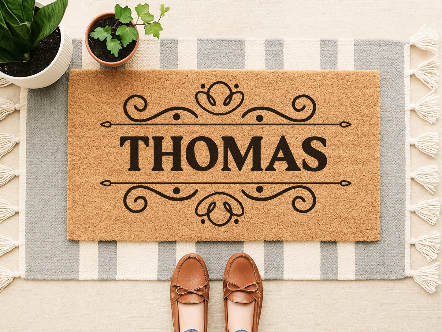 Personalized Last Name Doormat with Flourish Design - Custom Family Welcome Mat, Housewarming Gift, Outdoor Coir Entry Rug