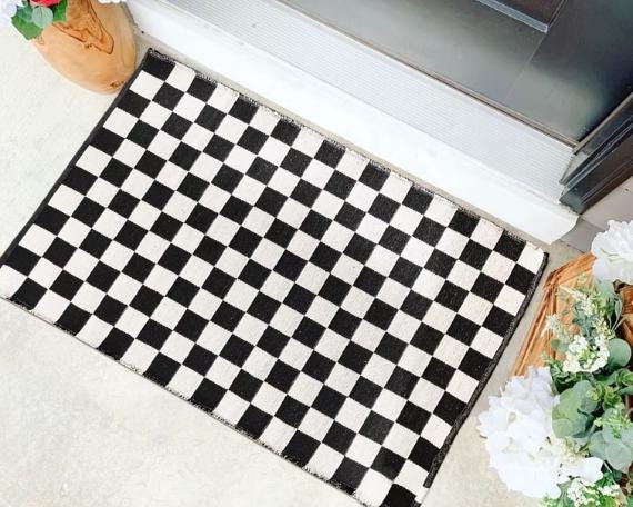 Black and White Checkerboard Woven Layering Rug