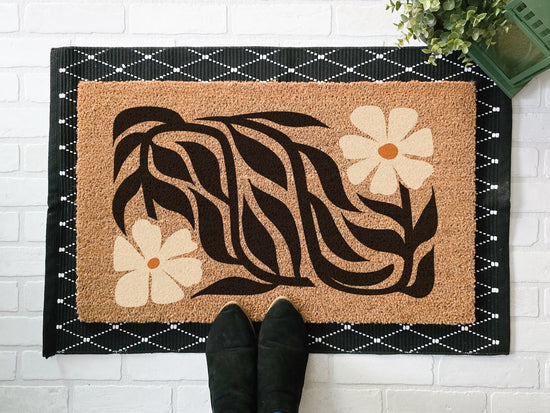 Retro Abstract Black and White Floral Doormat