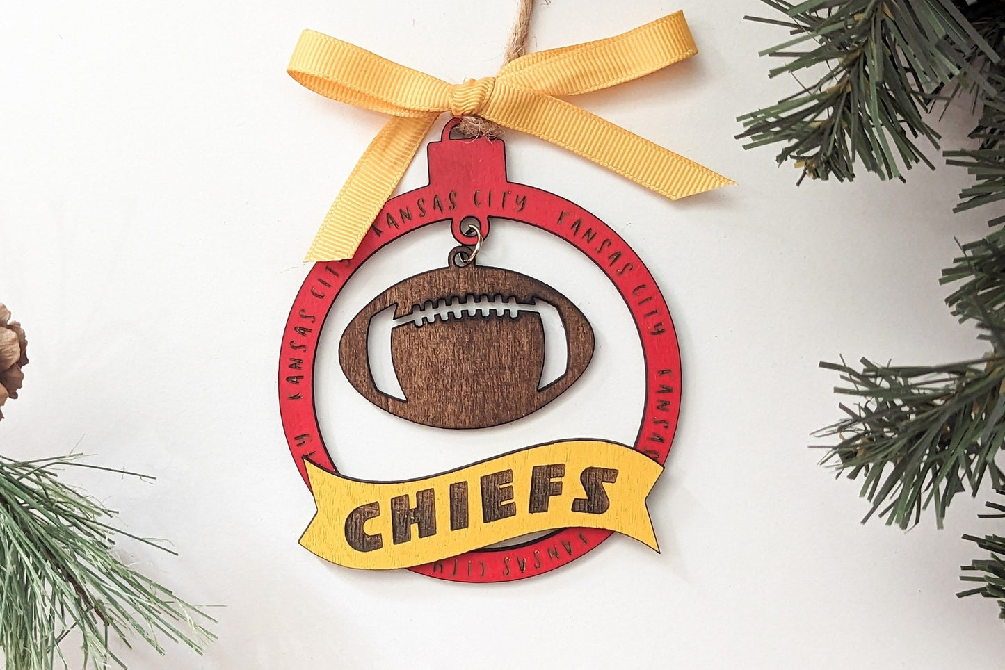 Kansas City Football Christmas Ornament, Sports Team Holiday Ornament, Christmas Decor, Gift for Sports Fan, Wooden Ornament