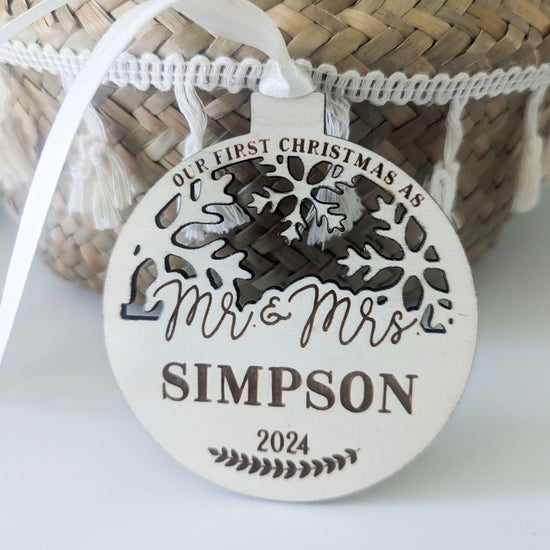 Our First Christmas as Mr. and Mrs. Personalized Snowflake Holiday Ornament