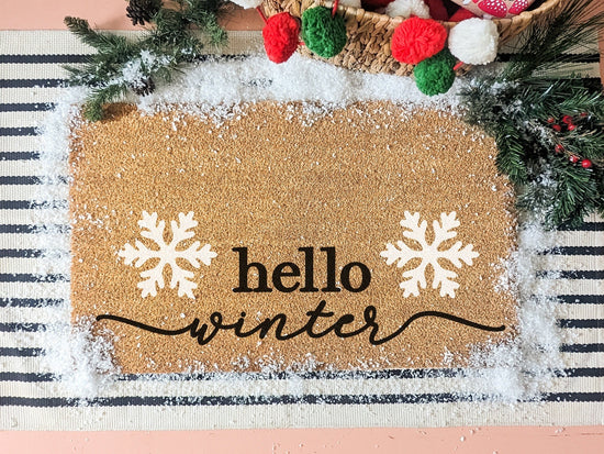 Hello Winter Snowflake Holiday Door Mat, Christmas Welcome Mat, Christmas Decor, Winter Doormat, Front Porch Door Mat, Entry Rug