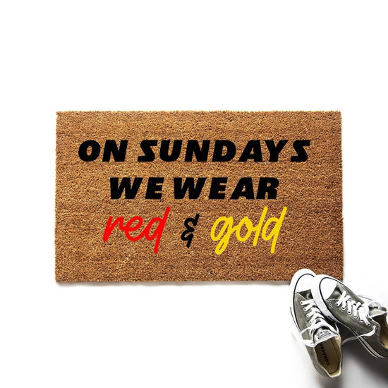 On Sundays We Wear Red and Gold Kansas City Chiefs Doormat